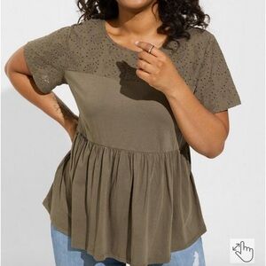 NWT Torrid Vintage Cotton Jersey Crew Neck Eyelet Yoke Babydoll Top